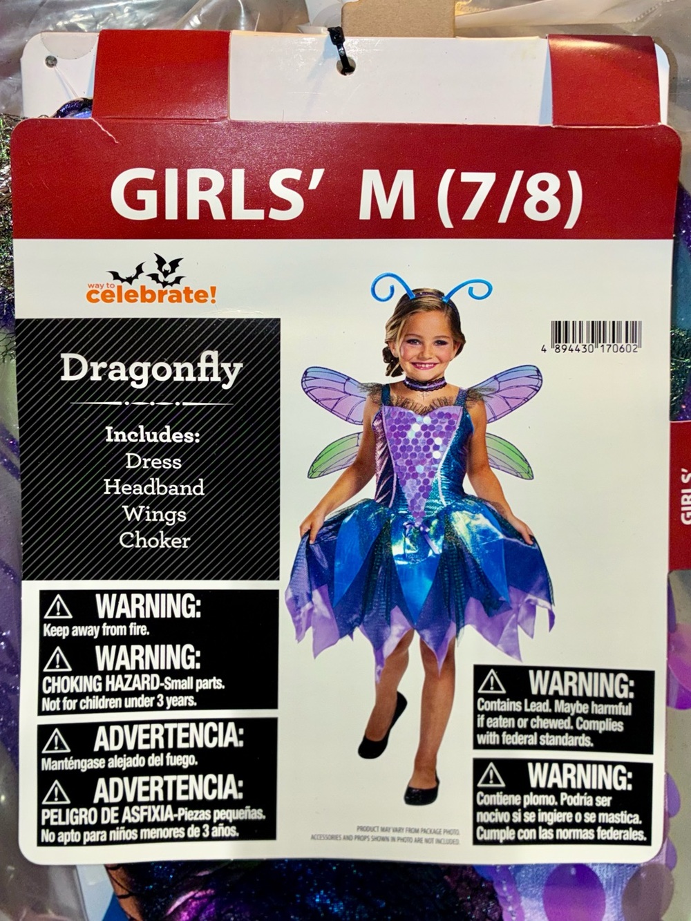 Girls' Dragonfly Costume Dress with Wings & Headband - Blue/Purple (M 7/8)